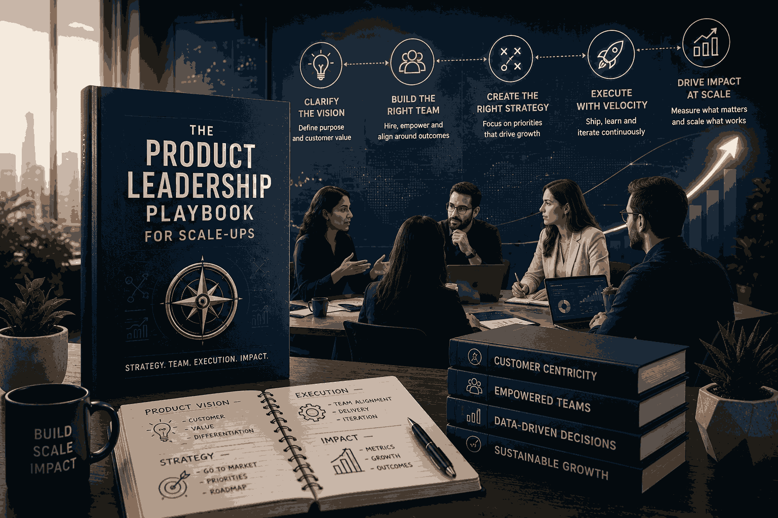 Product leadership team collaborating on growth strategy and scaling business operations Illustration