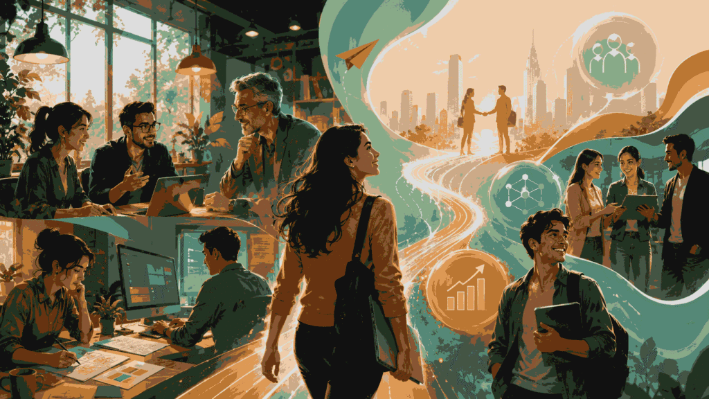 Product management learners progressing through mentorship, projects, and career growth Illustration