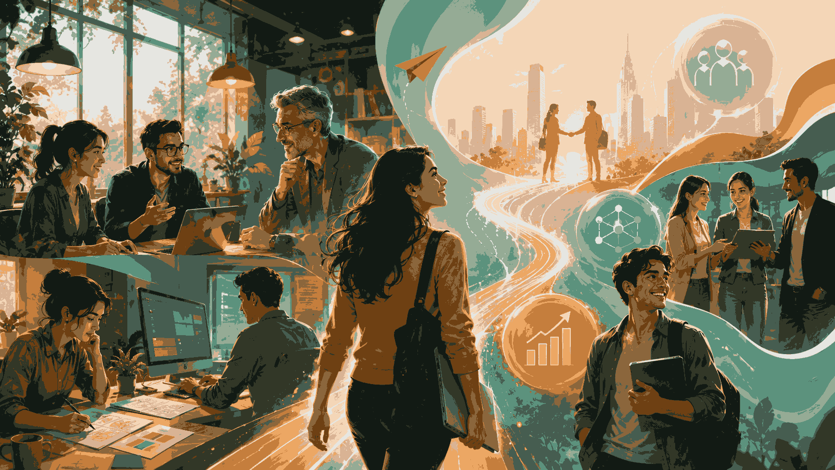 Product management learners progressing through mentorship, projects, and career growth Illustration