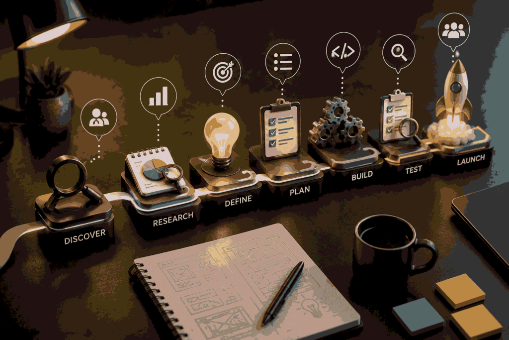 Product management workflow process from discovery to launch and growth Illustration