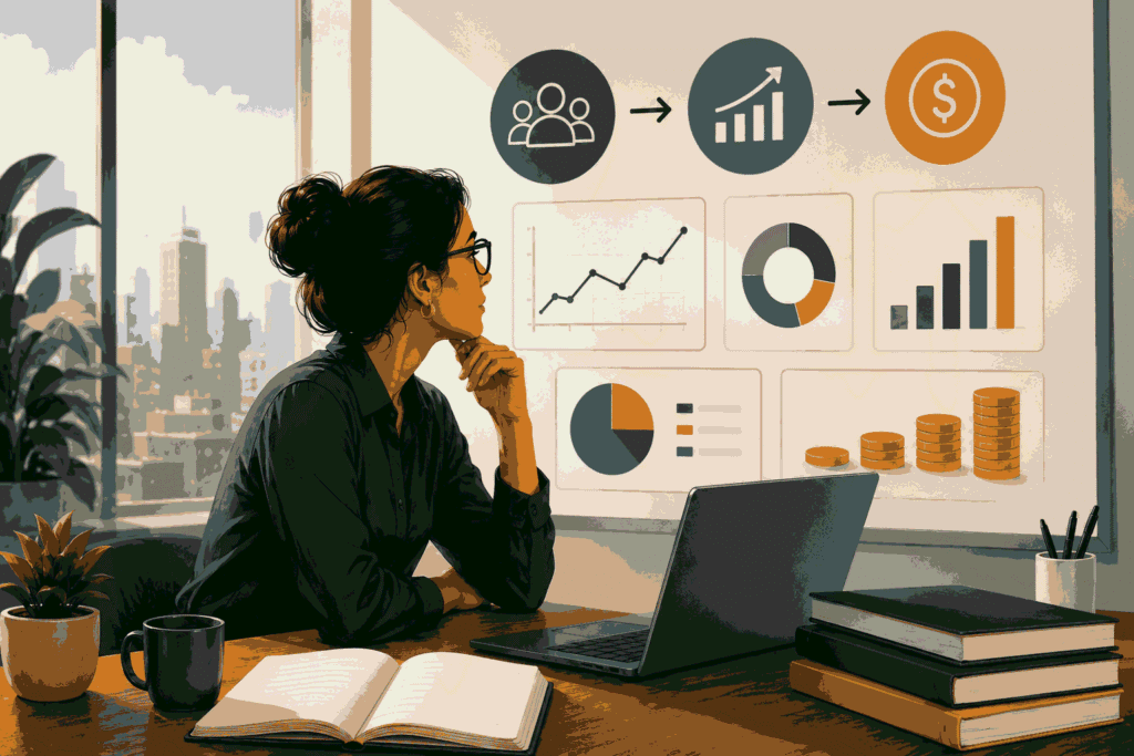Product manager analyzing financial metrics and business growth strategy dashboard Illustration