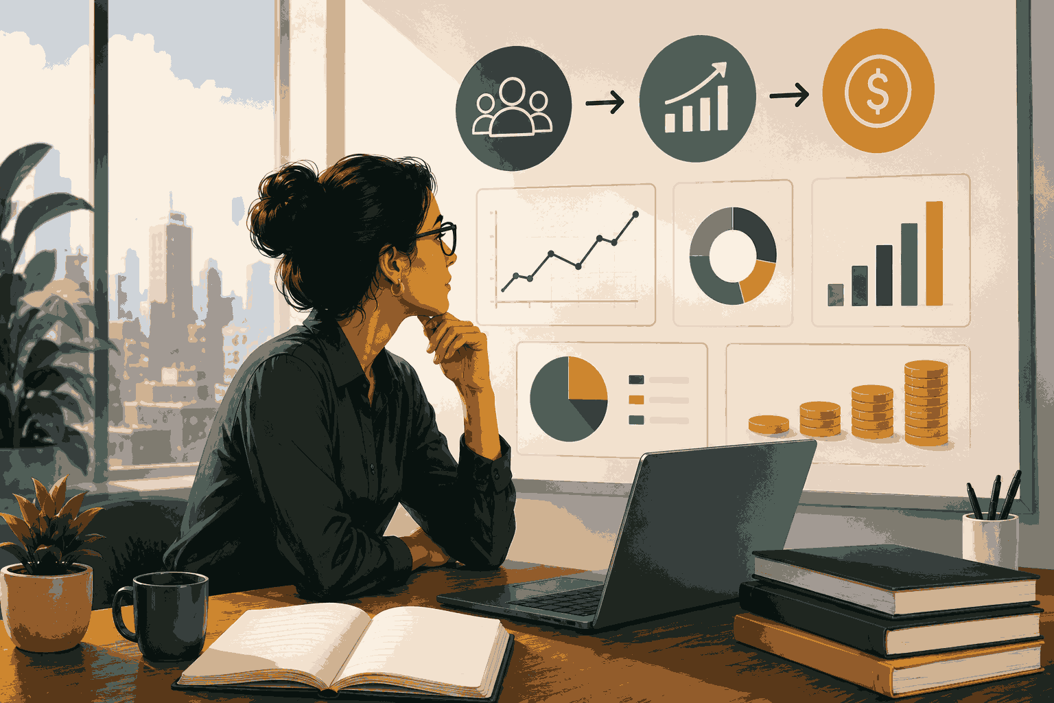 Product manager analyzing financial metrics and business growth strategy dashboard Illustration