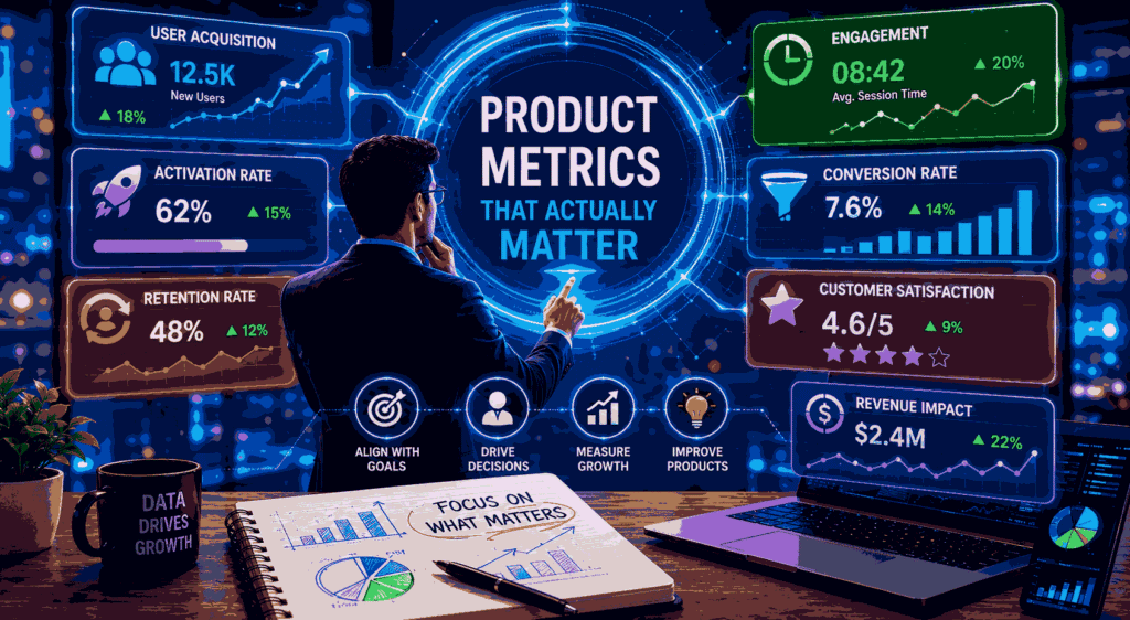 Product manager analyzing key growth, retention, engagement, and business metrics Illustration