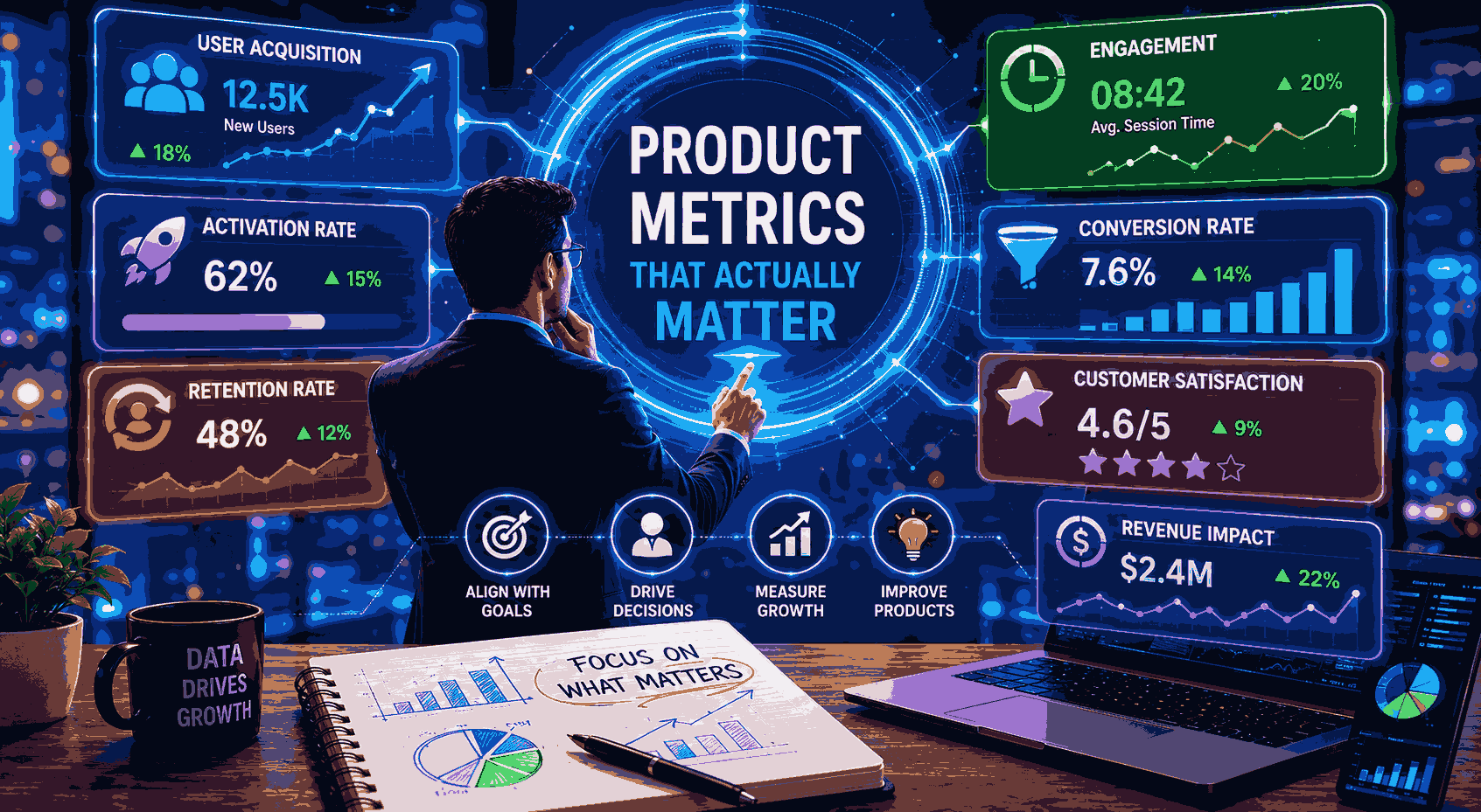 Product manager analyzing key growth, retention, engagement, and business metrics Illustration
