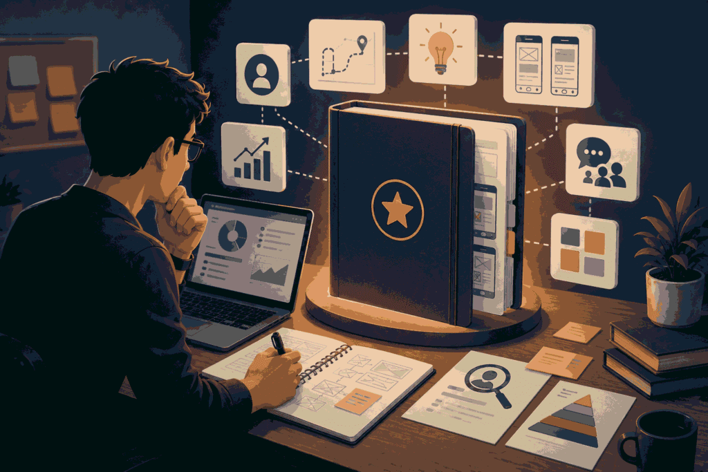 Product manager building a portfolio showcasing strategy, research, and product impact Illustration