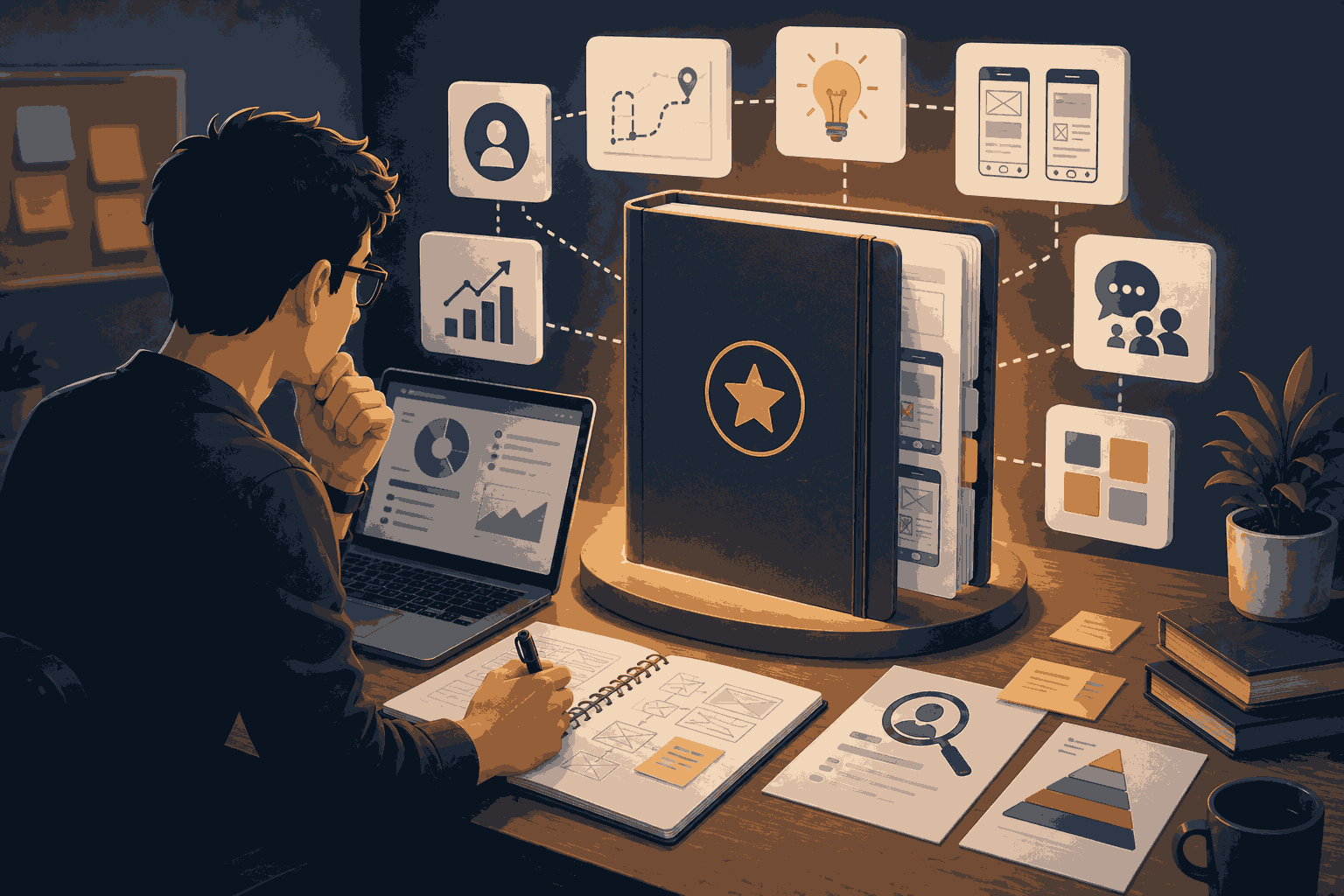 Product manager building a portfolio showcasing strategy, research, and product impact Illustration
