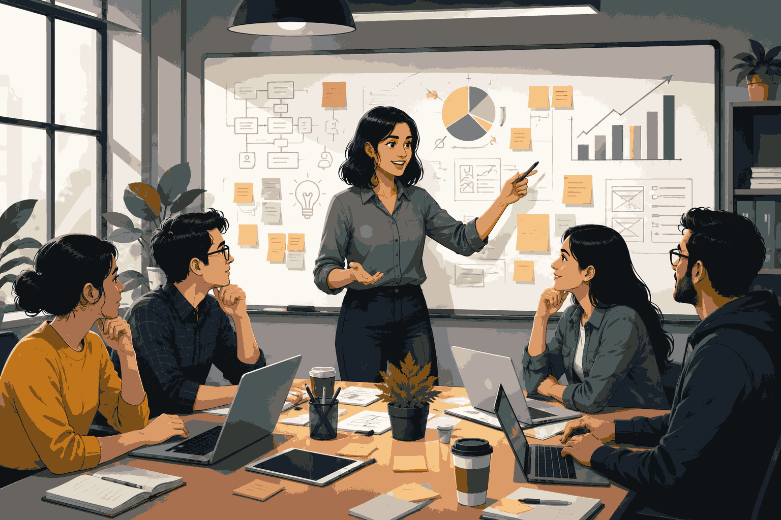 Product manager leading team collaboration and strategy discussion in a modern workplace