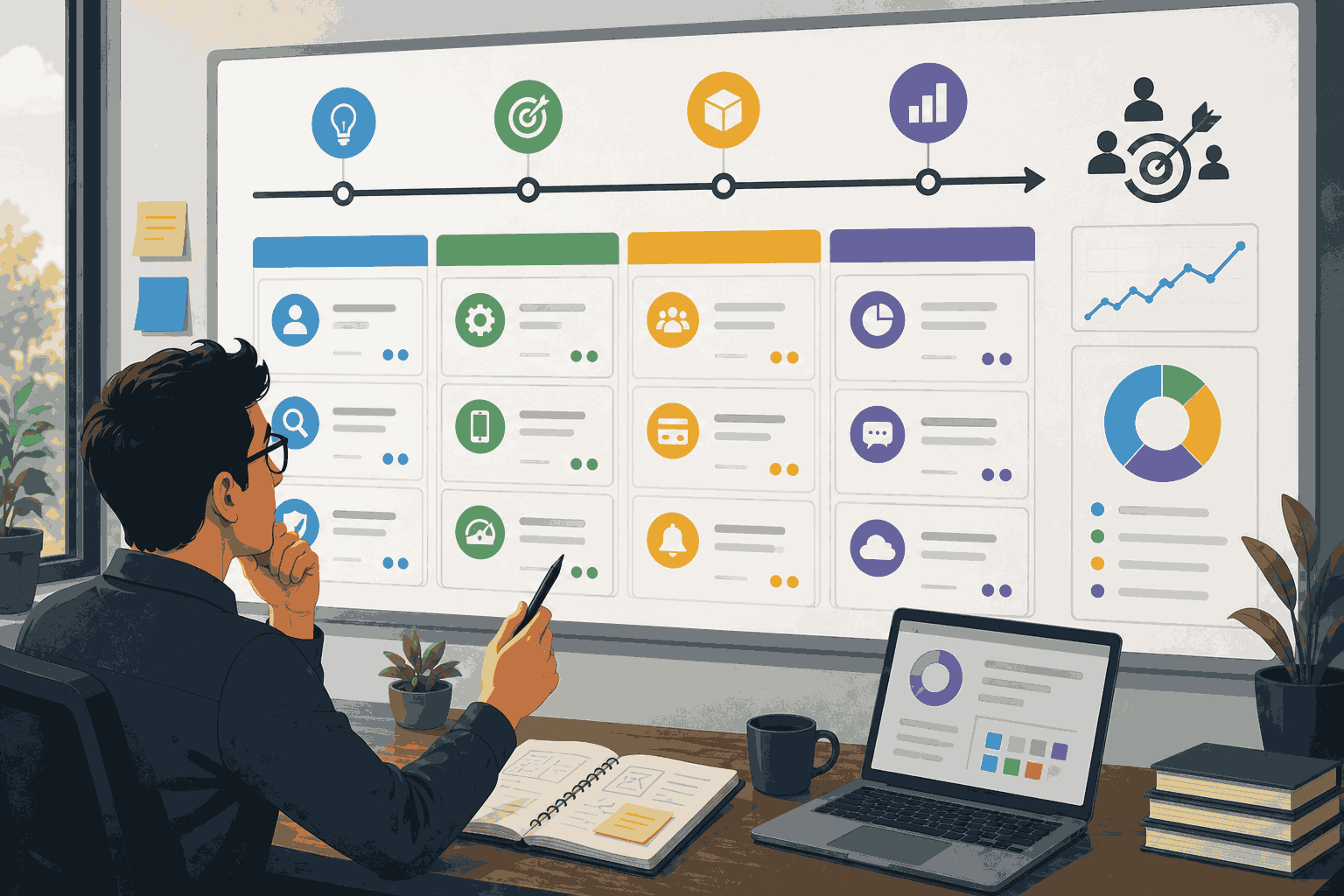 Product manager planning roadmap strategy with timelines, goals, and business metrics