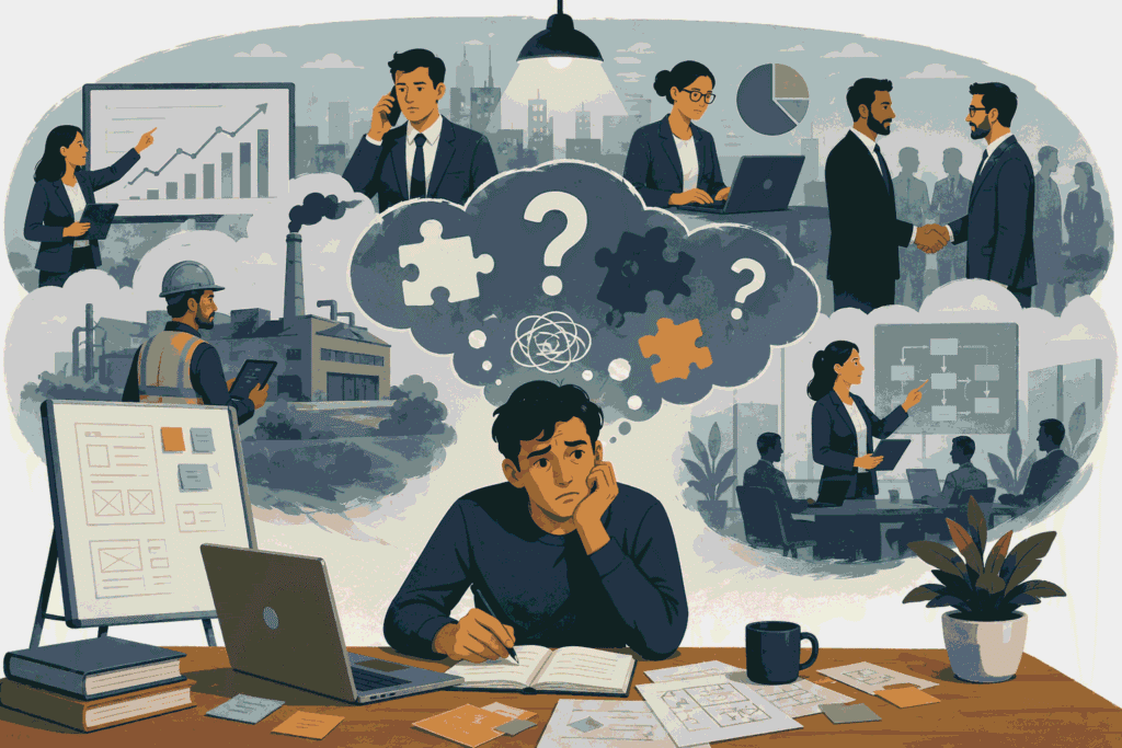 Product manager struggling to connect product decisions with broader business strategy Illustration