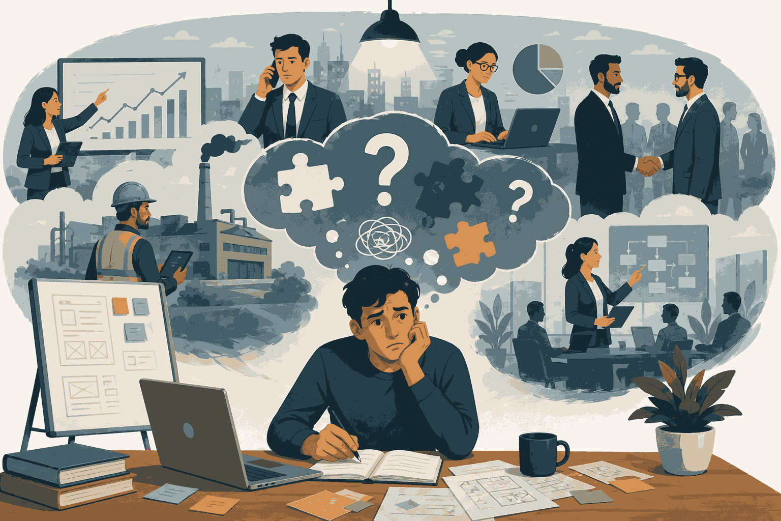 Product manager struggling to connect product decisions with broader business strategy Illustration