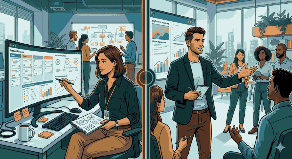 Comparison illustration of a Product Manager focused on tasks vs. a Product Leader guiding a team