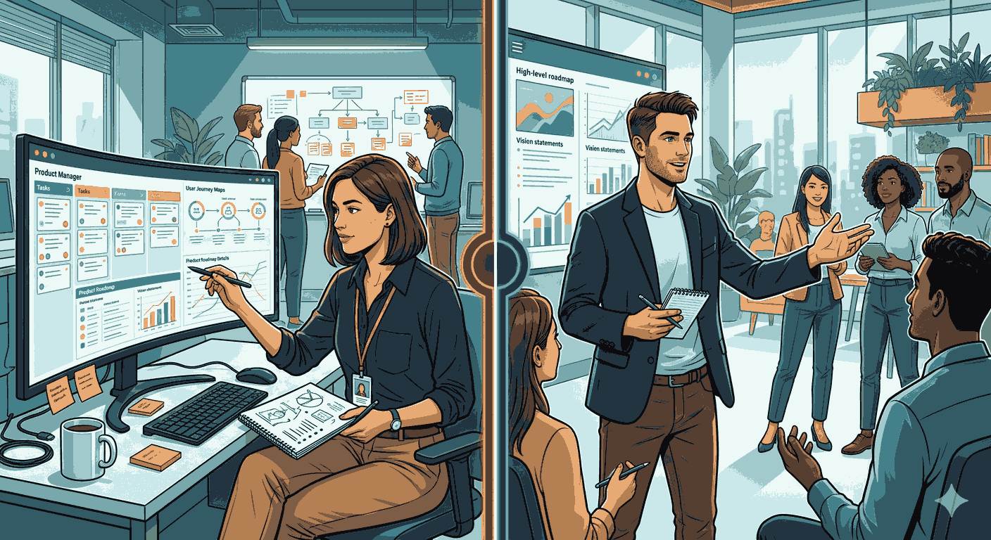 Comparison illustration of a Product Manager focused on tasks vs. a Product Leader guiding a team