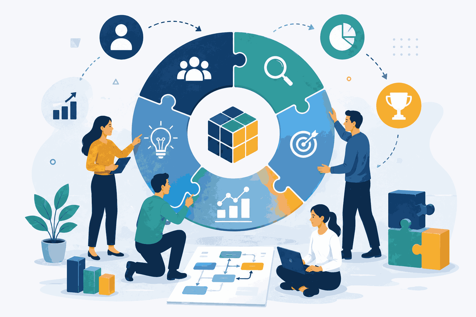 Product strategy frameworks guiding business goals, market analysis, and product decisions Illustration