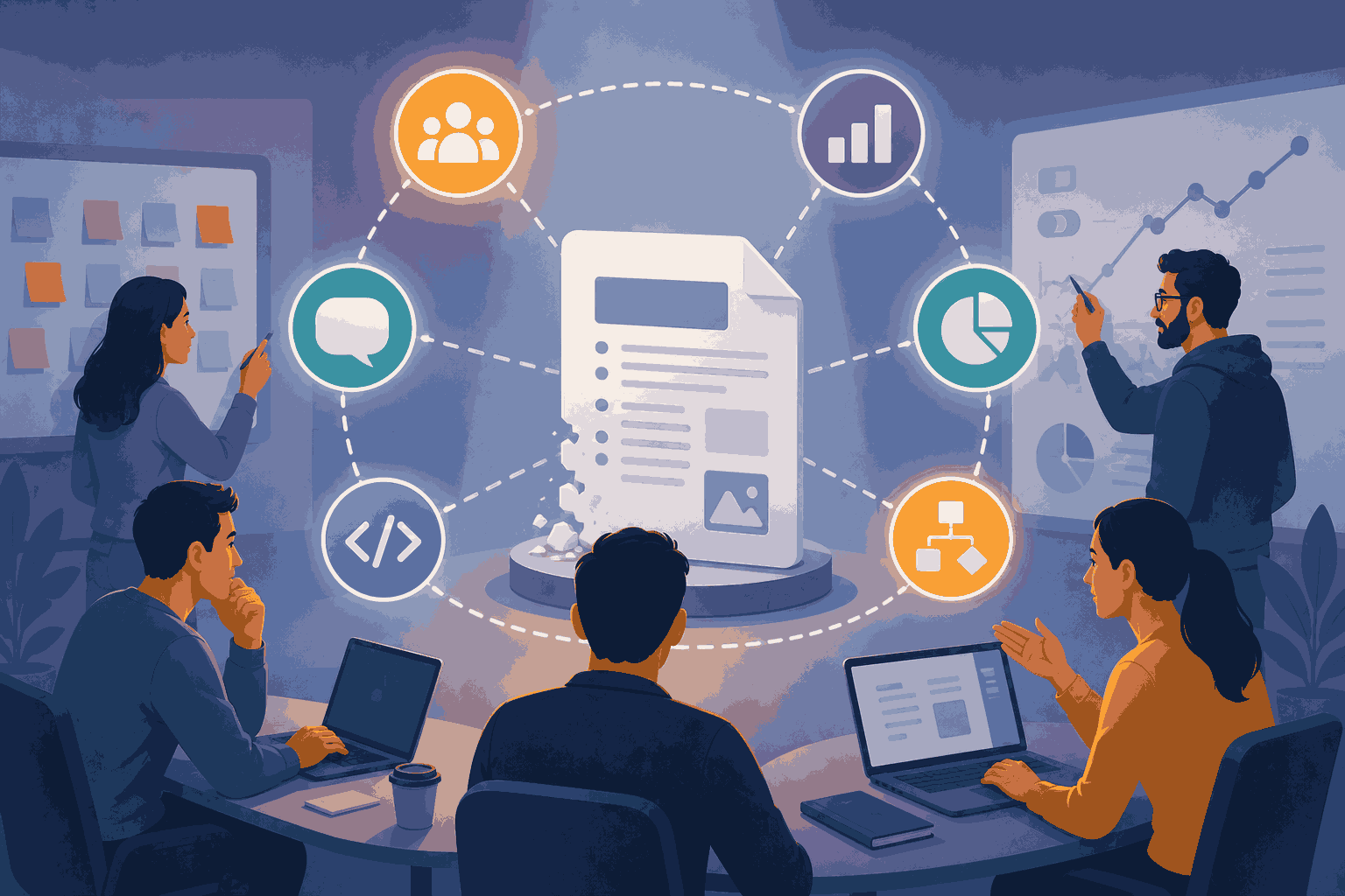 Product teams moving beyond PRDs toward collaborative and outcome-driven decision making Illustration