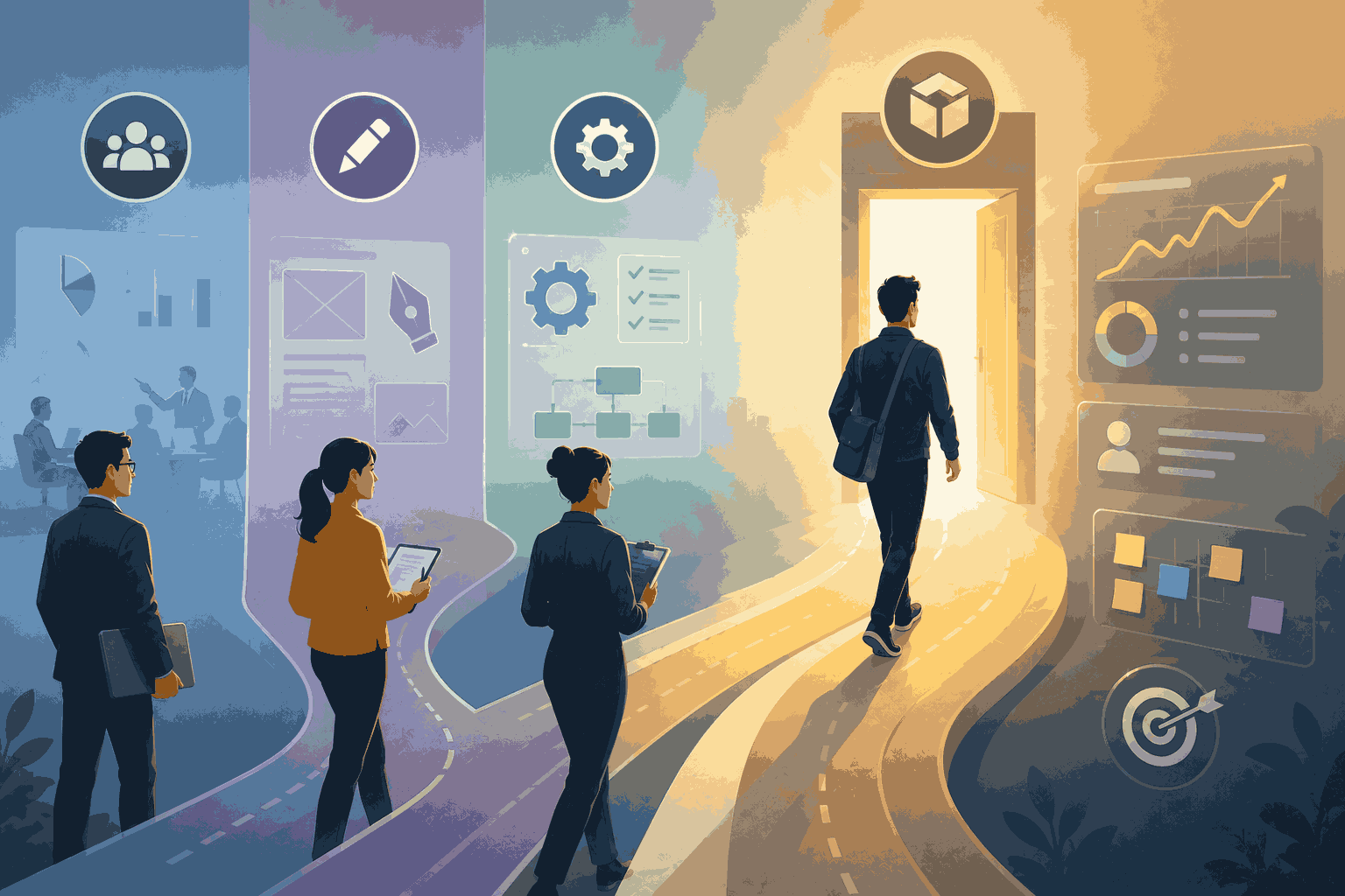 Professionals transitioning from consulting, design, and operations into product management Illustration