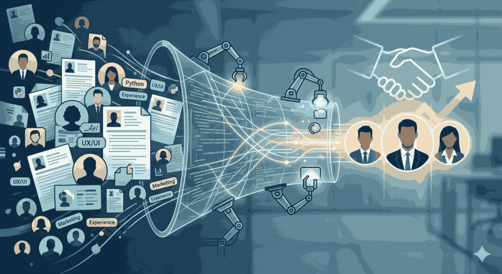Robotic arms filtering job applicants into selected candidates