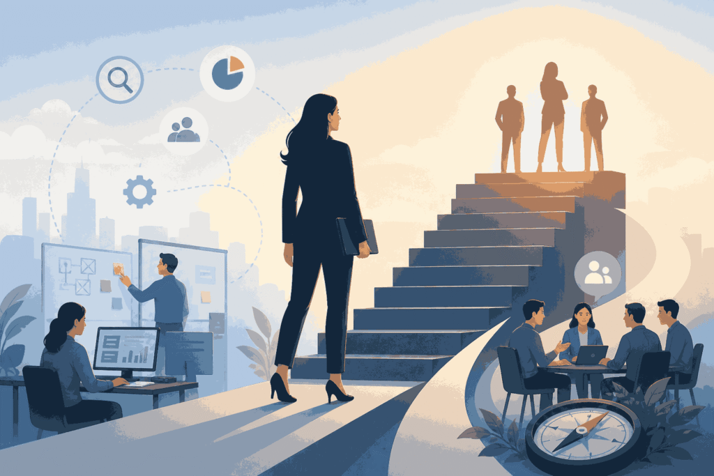 Senior product manager transitioning into leadership with team collaboration and strategy growth