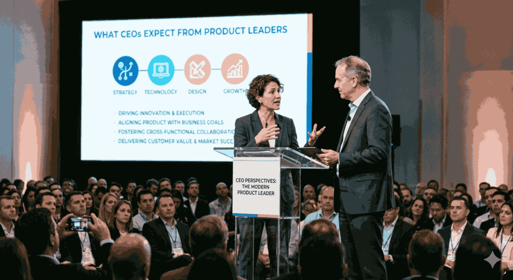 Two people speaking at a podium about what CEOs expect from product leaders Illustration