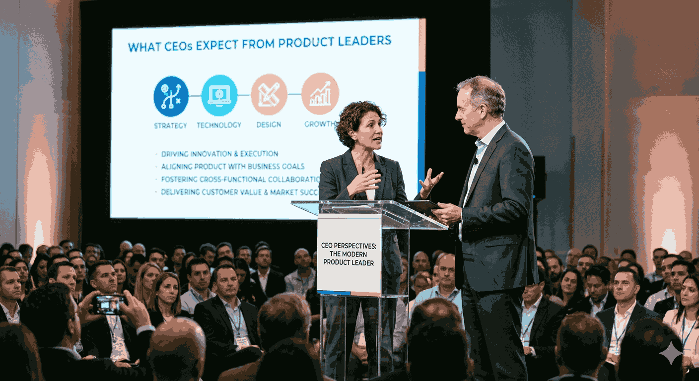 Two people speaking at a podium about what CEOs expect from product leaders Illustration