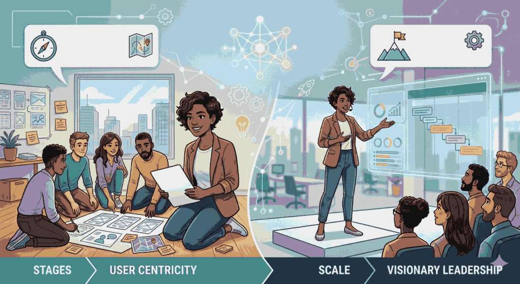 Startup founder teaching product leadership through customer focus and strategic vision