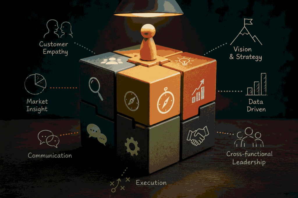 Strategic product leadership concept with innovation, execution, and team collaboration visuals