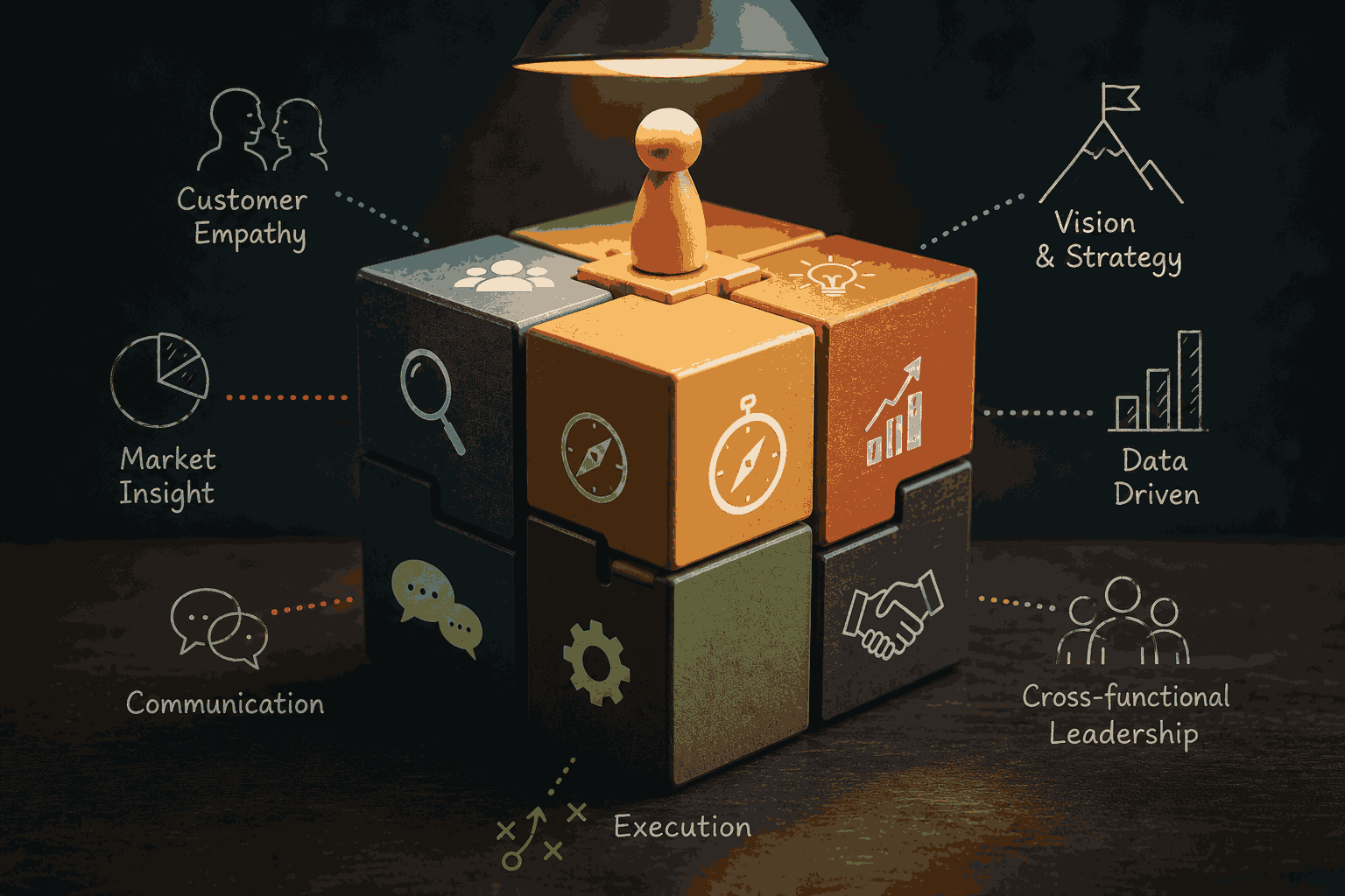Strategic product leadership concept with innovation, execution, and team collaboration visuals