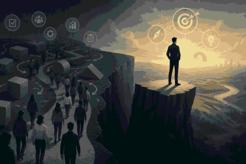 Strategic product manager focusing on vision and outcomes while others stay tactical Illustration