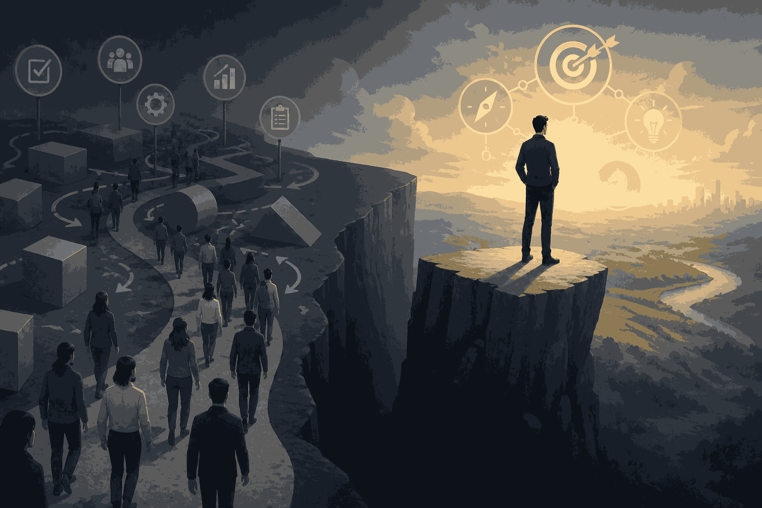 Strategic product manager focusing on vision and outcomes while others stay tactical Illustration