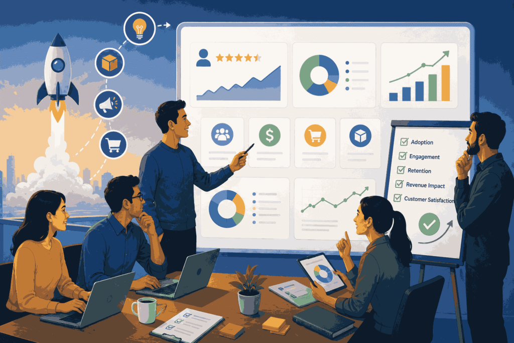Team analyzing product launch success metrics including adoption, engagement, and growth