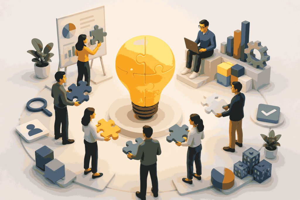 Team collaborating around product thinking and innovation strategy concept illustration