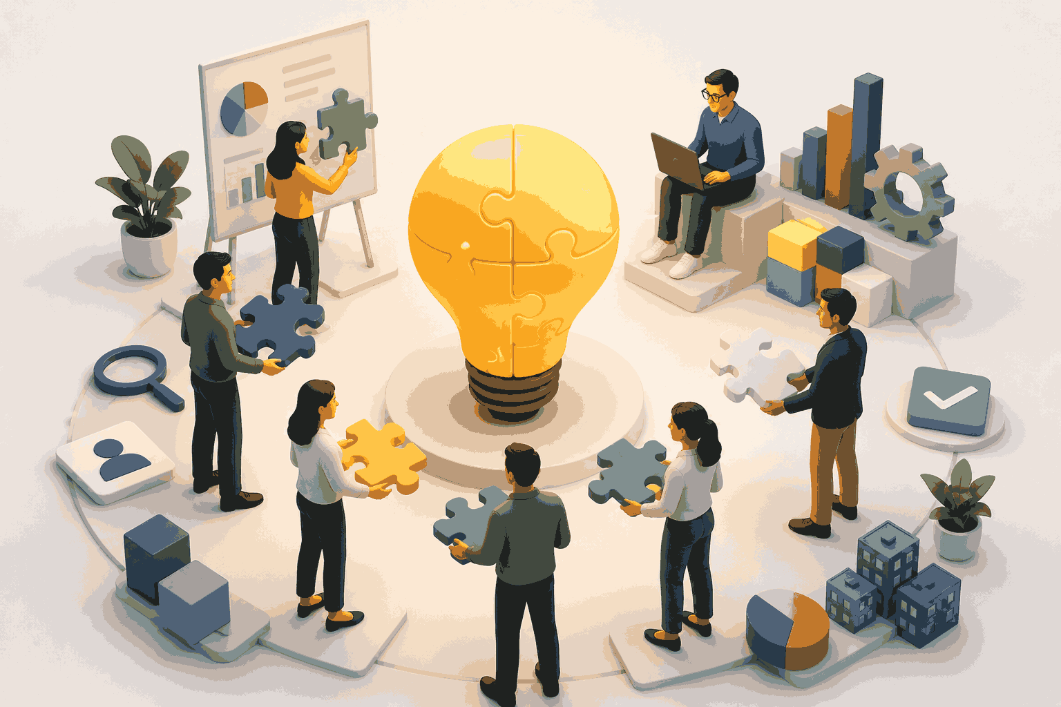 Team collaborating around product thinking and innovation strategy concept illustration