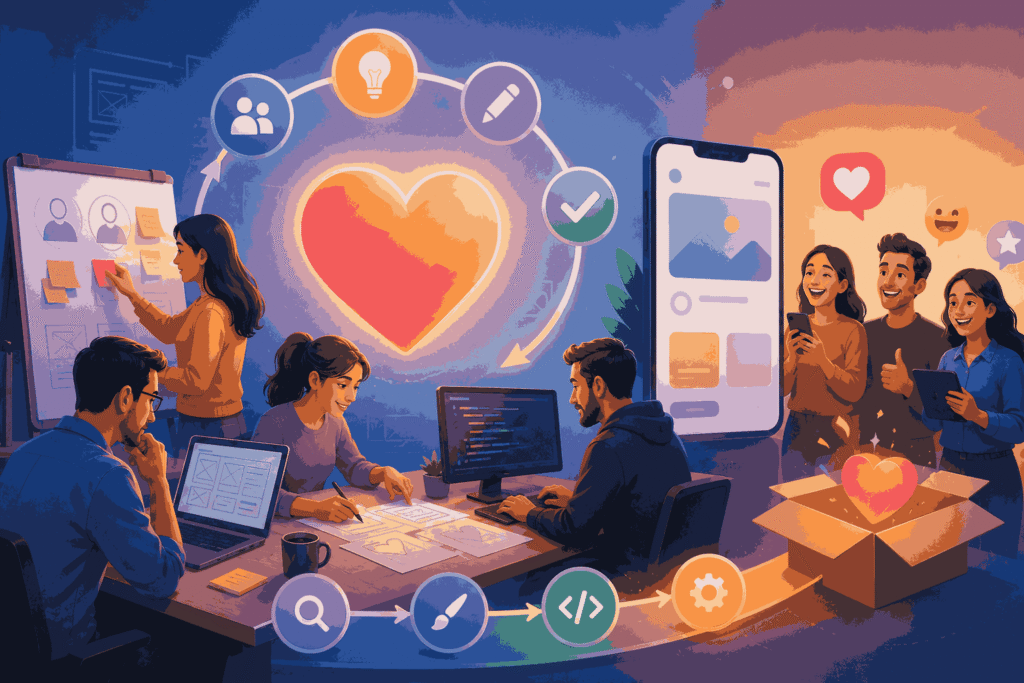 Team designing customer-centric digital products with user feedback and collaboration