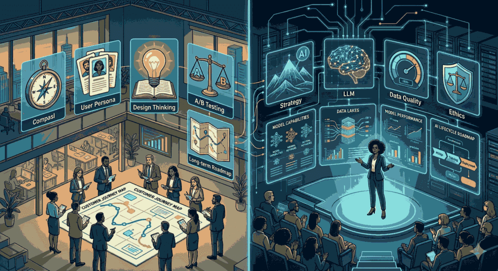 Traditional and AI product management approaches compared through strategy and execution Illustration