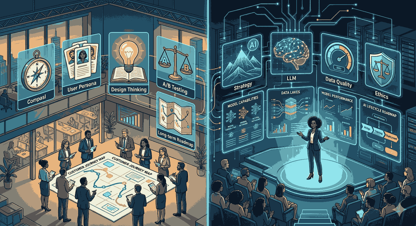 Traditional and AI product management approaches compared through strategy and execution Illustration