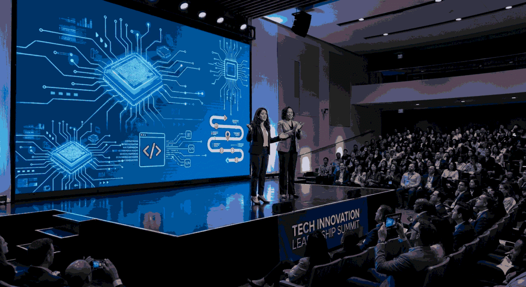 Two women on stage with circuit board and code visuals presenting to an audience Illustration