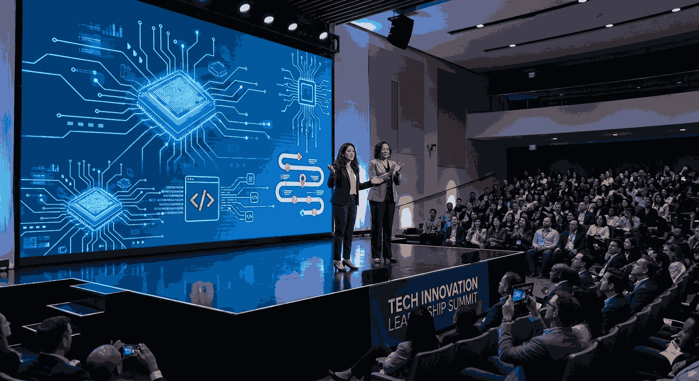 Two women on stage with circuit board and code visuals presenting to an audience Illustration