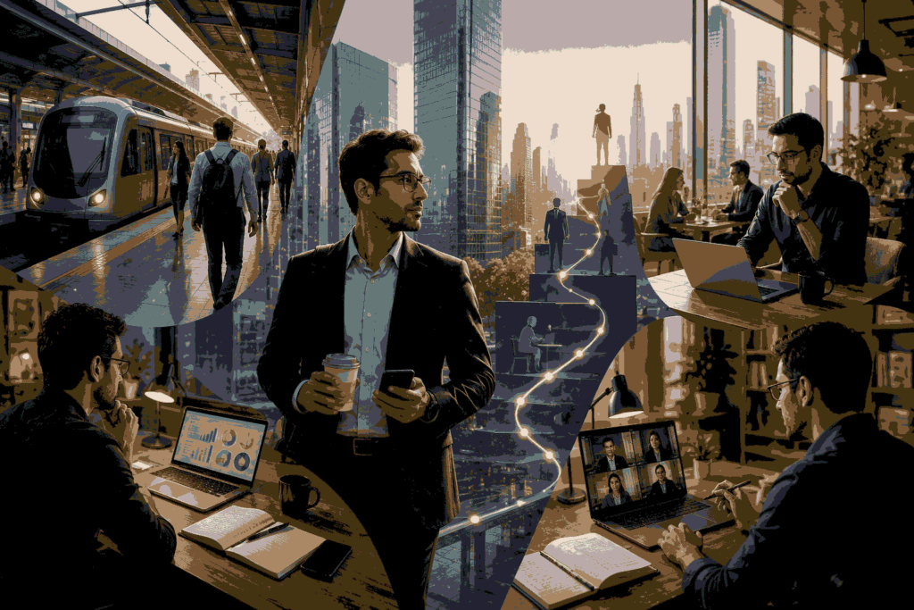 Working professionals balancing career growth, learning, and executive MBA journey in metro cities
