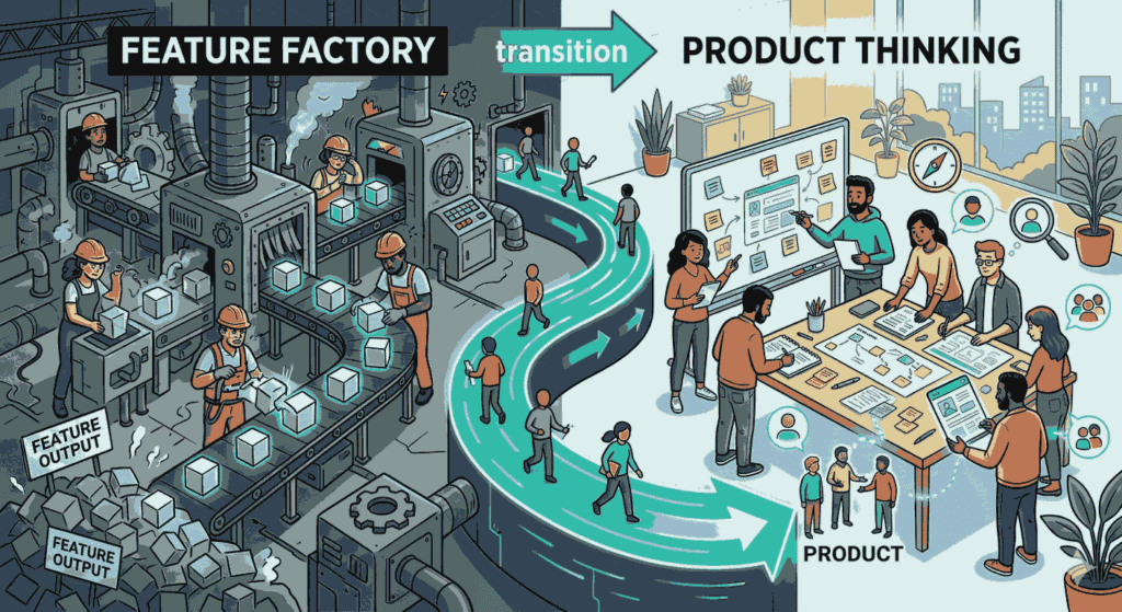 comparison of a mechanical Feature Factory assembly line and collaborative Product Thinking