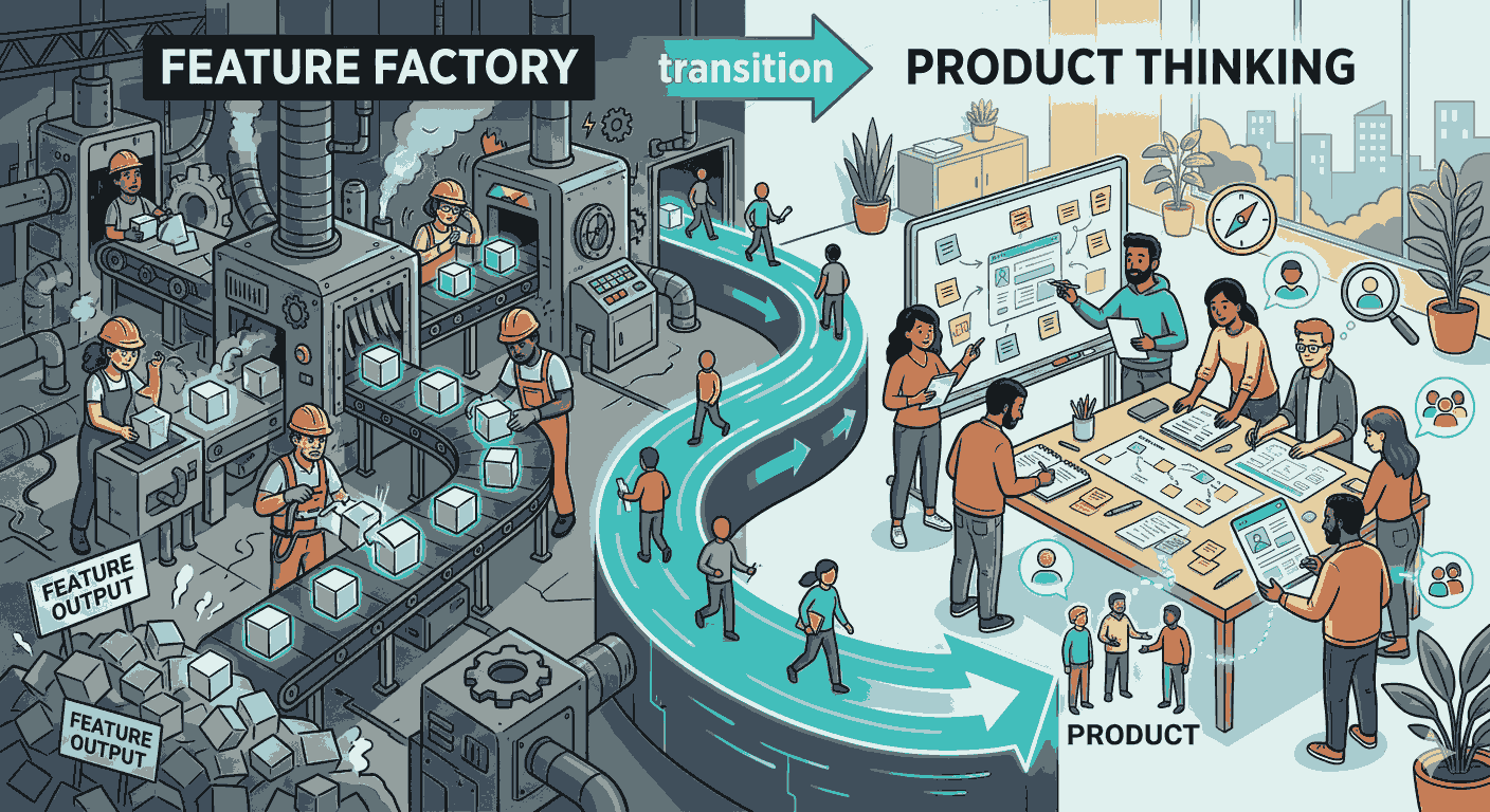 comparison of a mechanical Feature Factory assembly line and collaborative Product Thinking