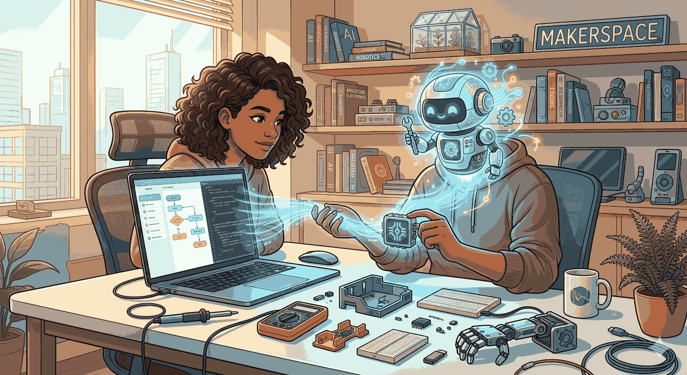 Two people at a desk use a laptop to assemble a glowing, futuristic robot in a workshop