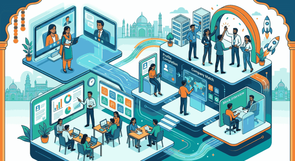 Illustration of an Indian job placement process, from training to hired