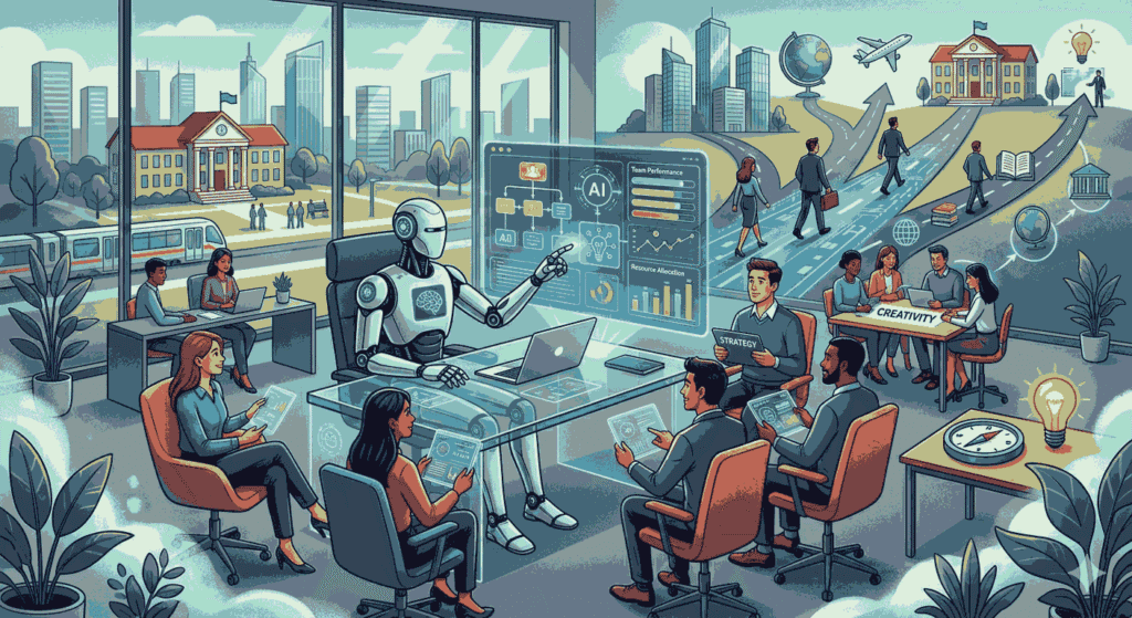 sleek humanoid robot leads a team meeting, displaying holographic data