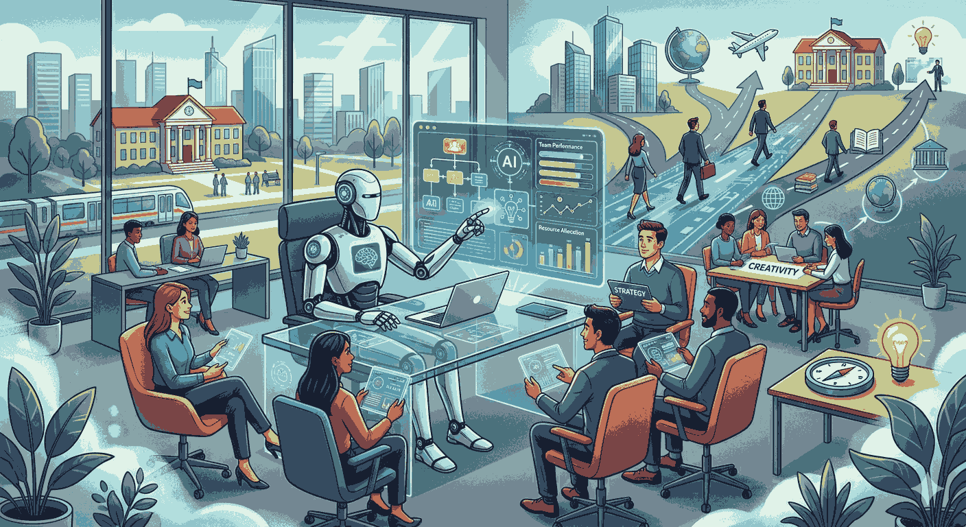 sleek humanoid robot leads a team meeting, displaying holographic data