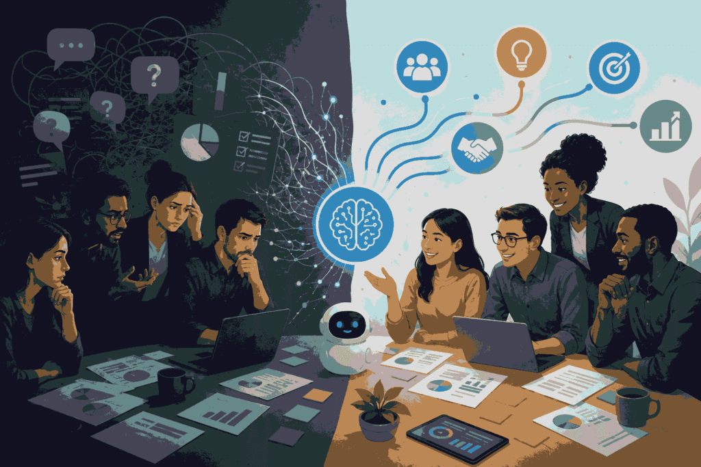 AI-driven stakeholder collaboration transforming complexity into clear business decisions Illustration