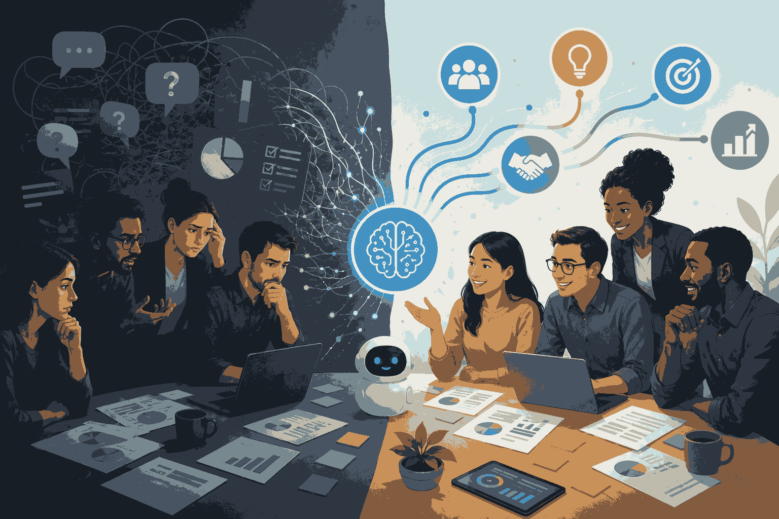 AI-driven stakeholder collaboration transforming complexity into clear business decisions Illustration