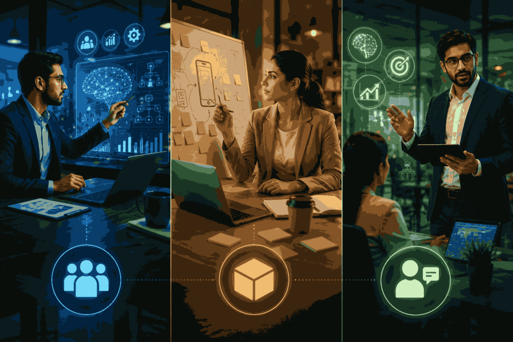 AI leadership roles in strategy, product innovation, and business transformation Illustration