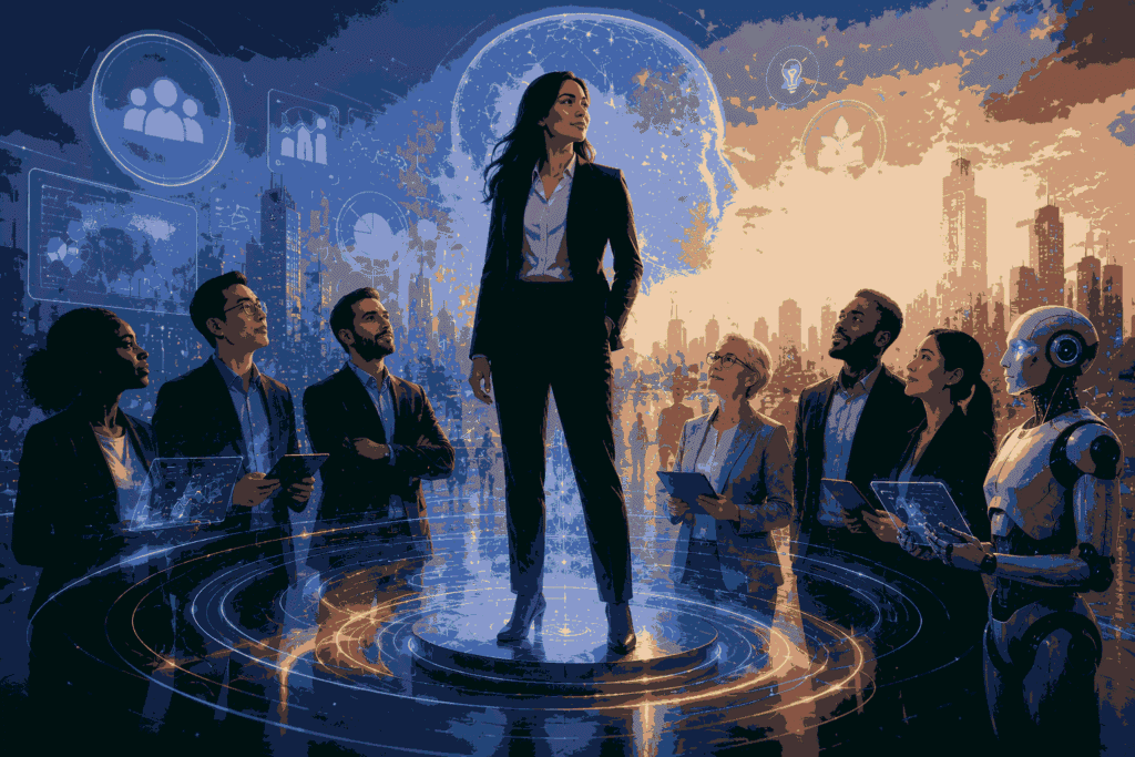 AI leadership team collaborating with human and AI stakeholders in a digital future