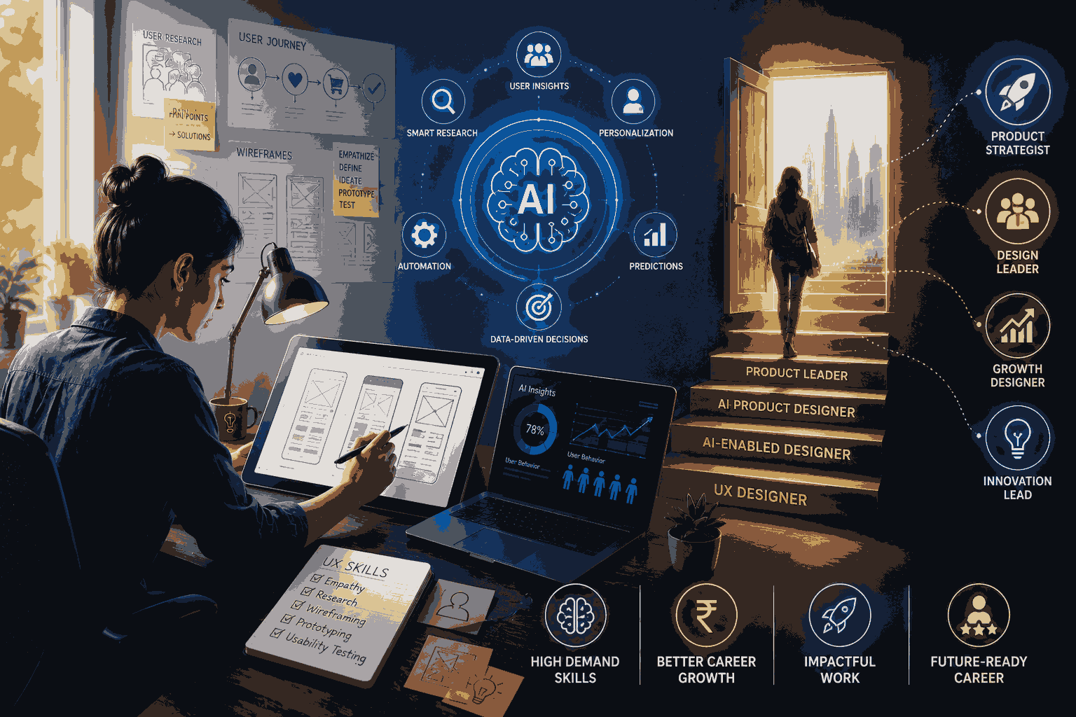 AI product design helping UX designers accelerate career growth and innovation Illustration