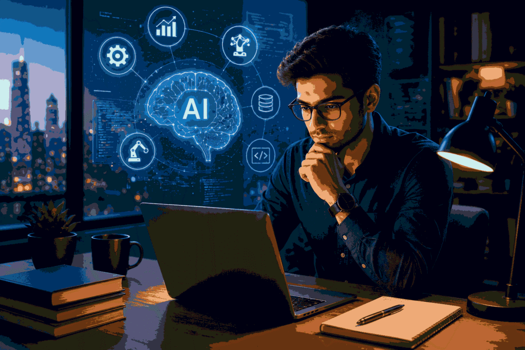 AI professional analyzing data and technology insights in a modern digital workspace Illustration