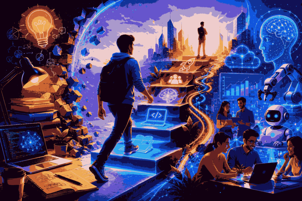 Career journey into artificial intelligence through learning, skills, innovation, and growth Illustration